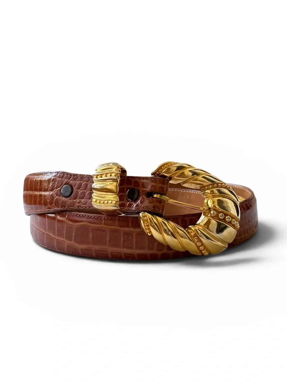 Steve Blinn Brown Alligator Grain Cashmere Cowhide Belt with Ornate Gold Buckle